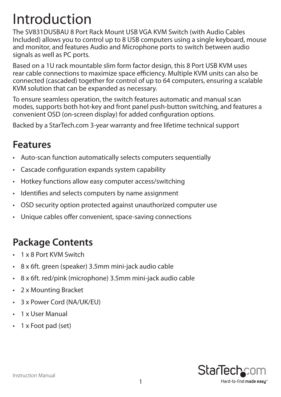 Introduction, Features, Package contents | StarTech.com SV831DUSBAU User Manual | Page 4 / 20
