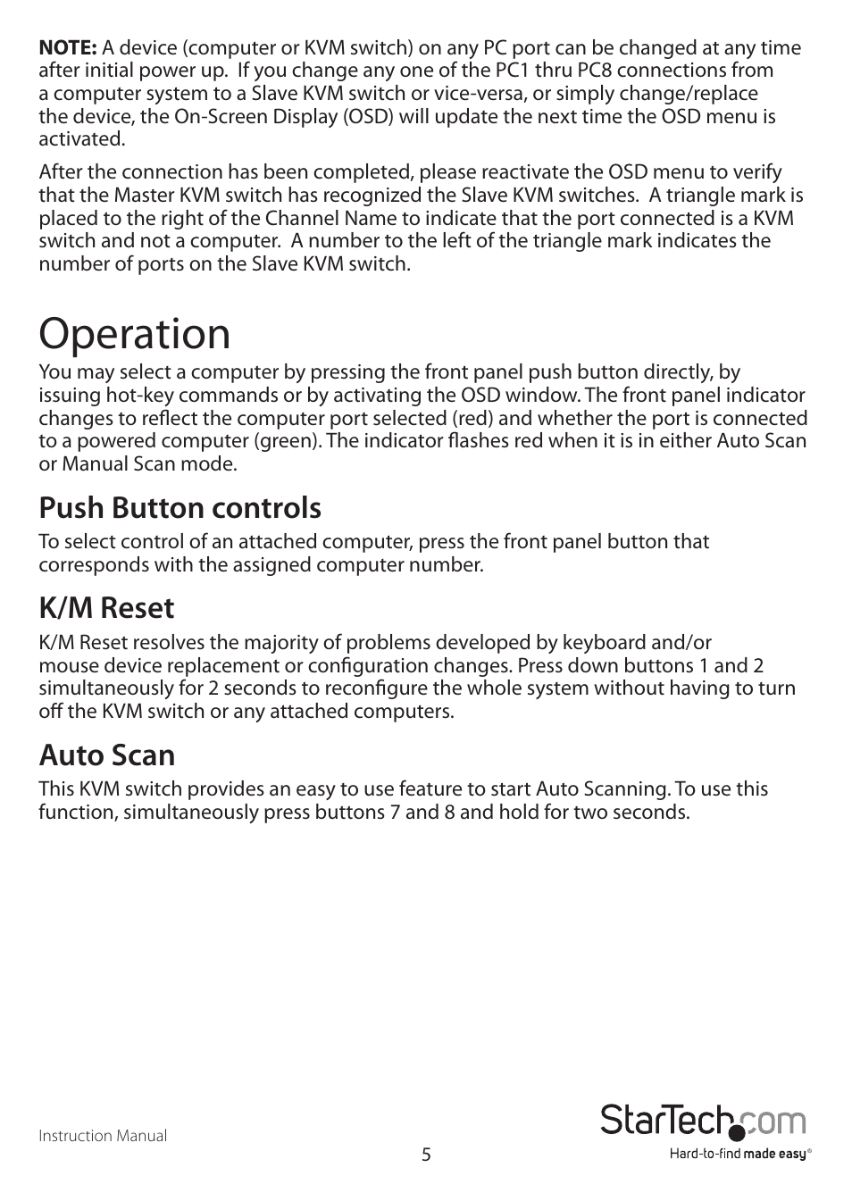 Operation, Push button controls, K/m reset | Auto scan | StarTech.com SV831DUSBAU User Manual | Page 8 / 20