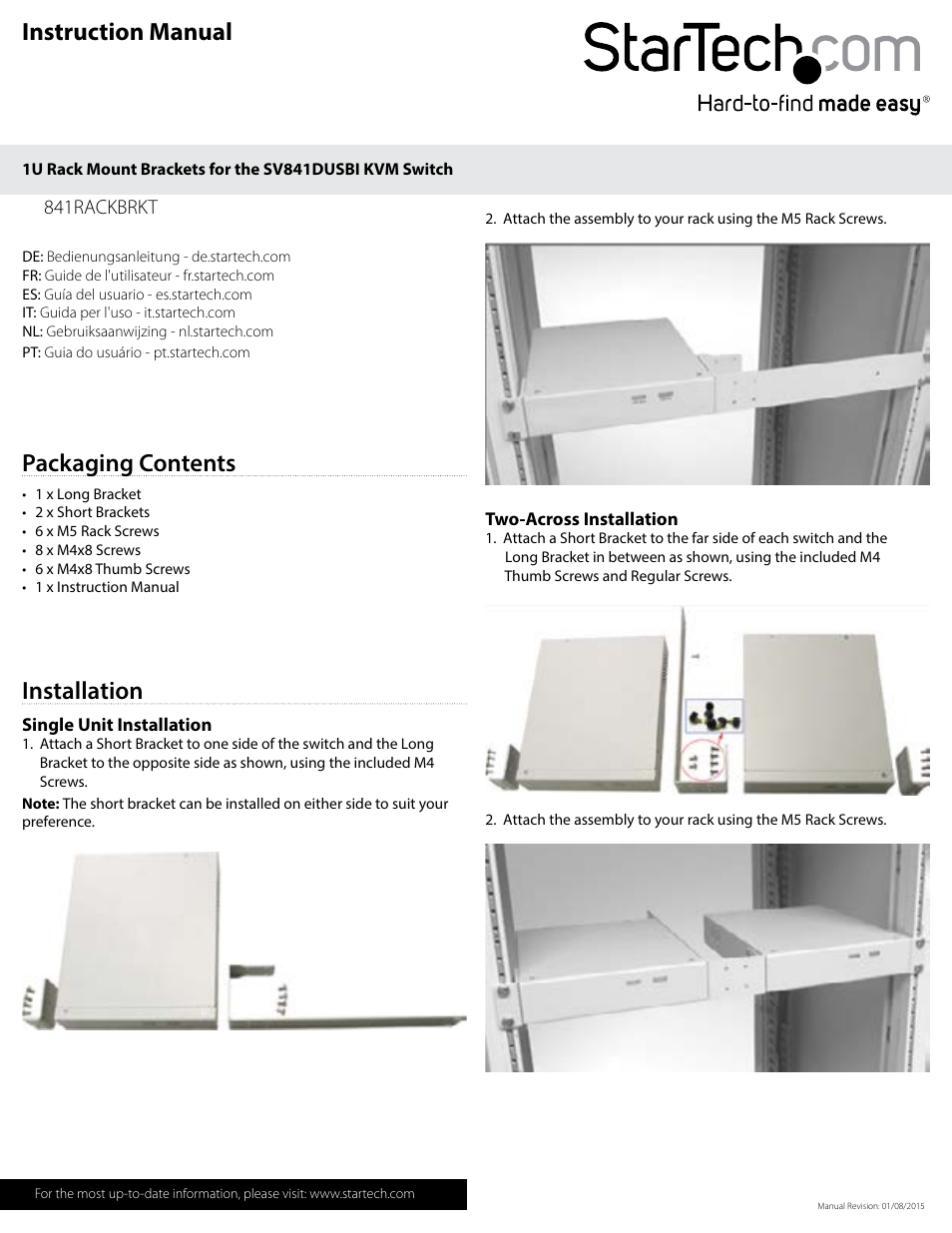 StarTech.com 841RACKBRKT User Manual | 2 pages