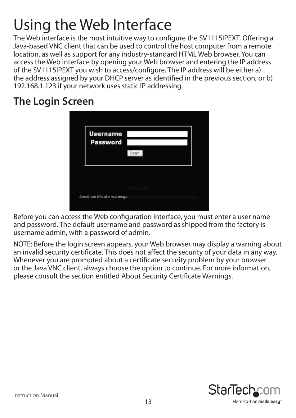 Using the web interface, The login screen | StarTech.com SV1115IPEXEU User Manual | Page 17 / 65