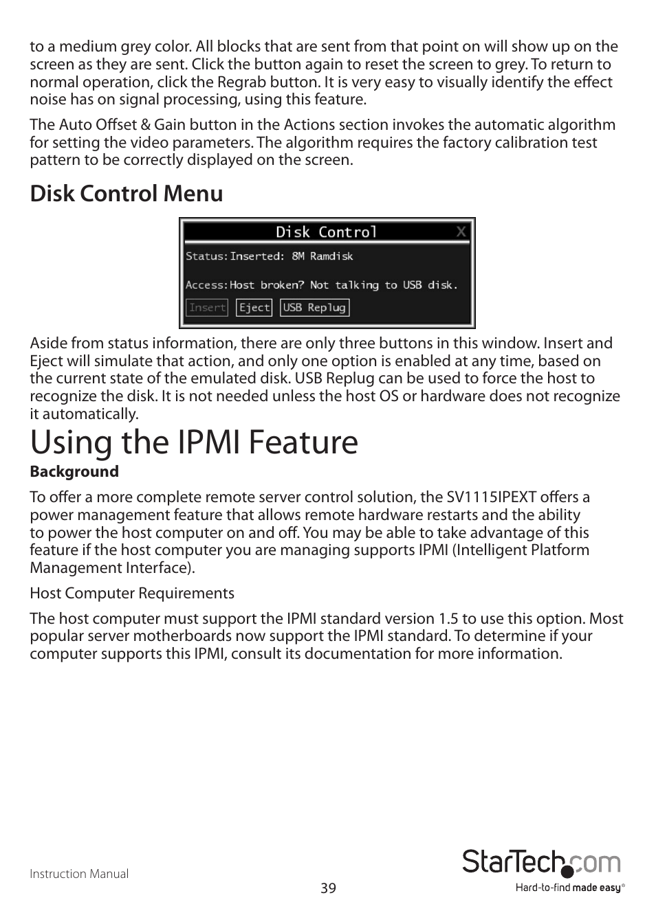 Using the ipmi feature, Disk control menu | StarTech.com SV1115IPEXEU User Manual | Page 43 / 65