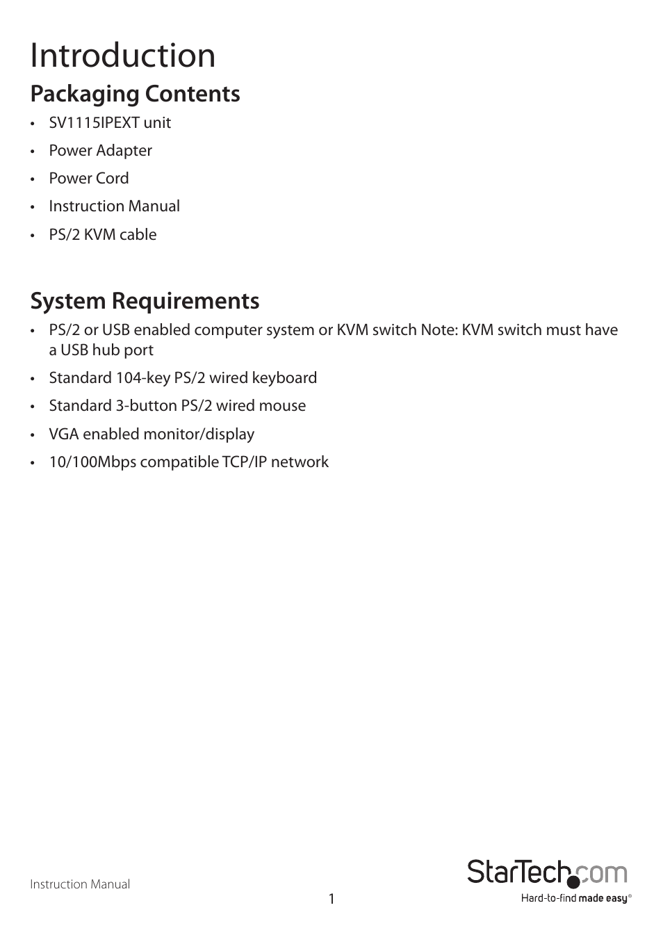 Introduction, Packaging contents, System requirements | StarTech.com SV1115IPEXEU User Manual | Page 5 / 65