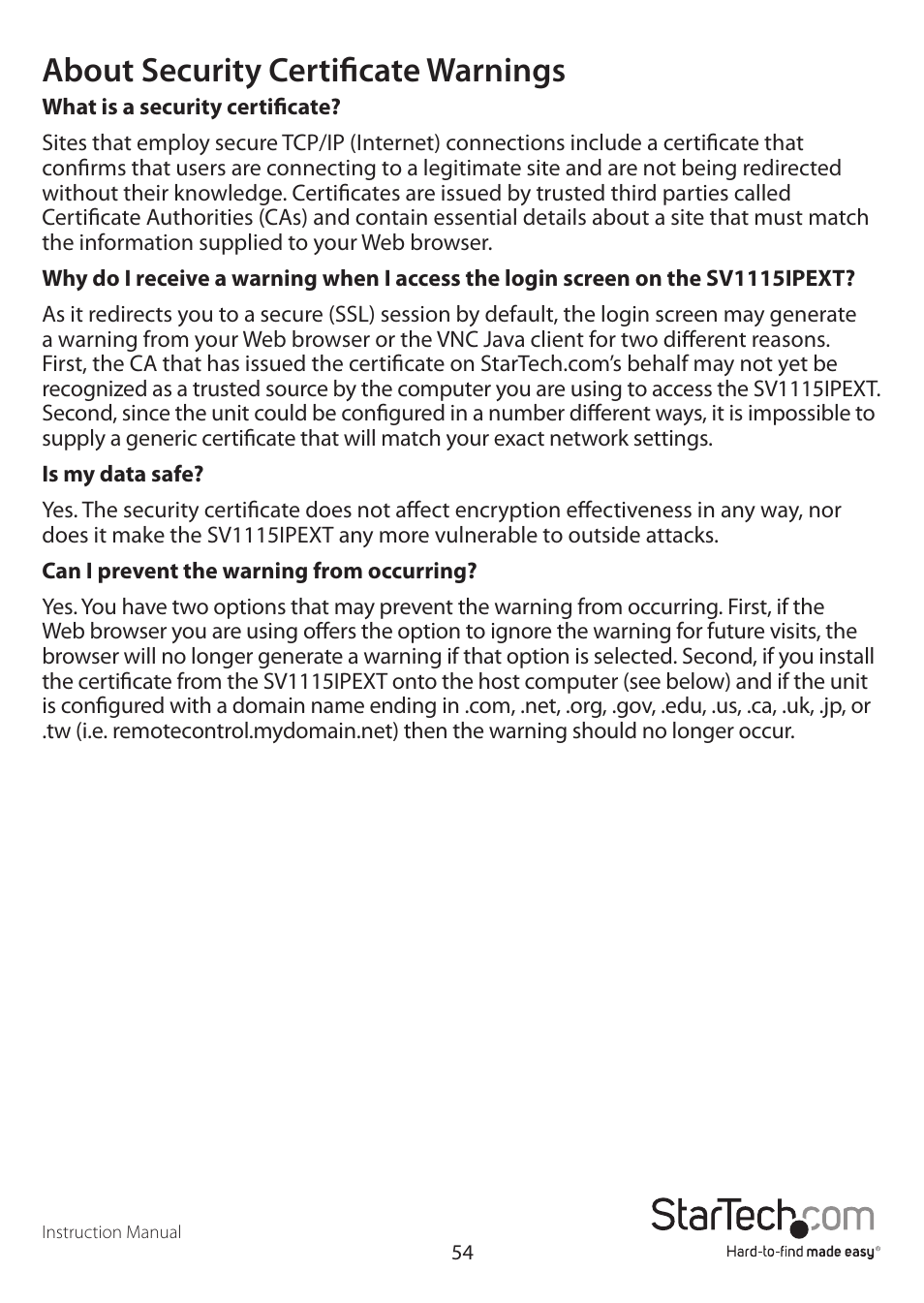 About security certificate warnings | StarTech.com SV1115IPEXEU User Manual | Page 58 / 65