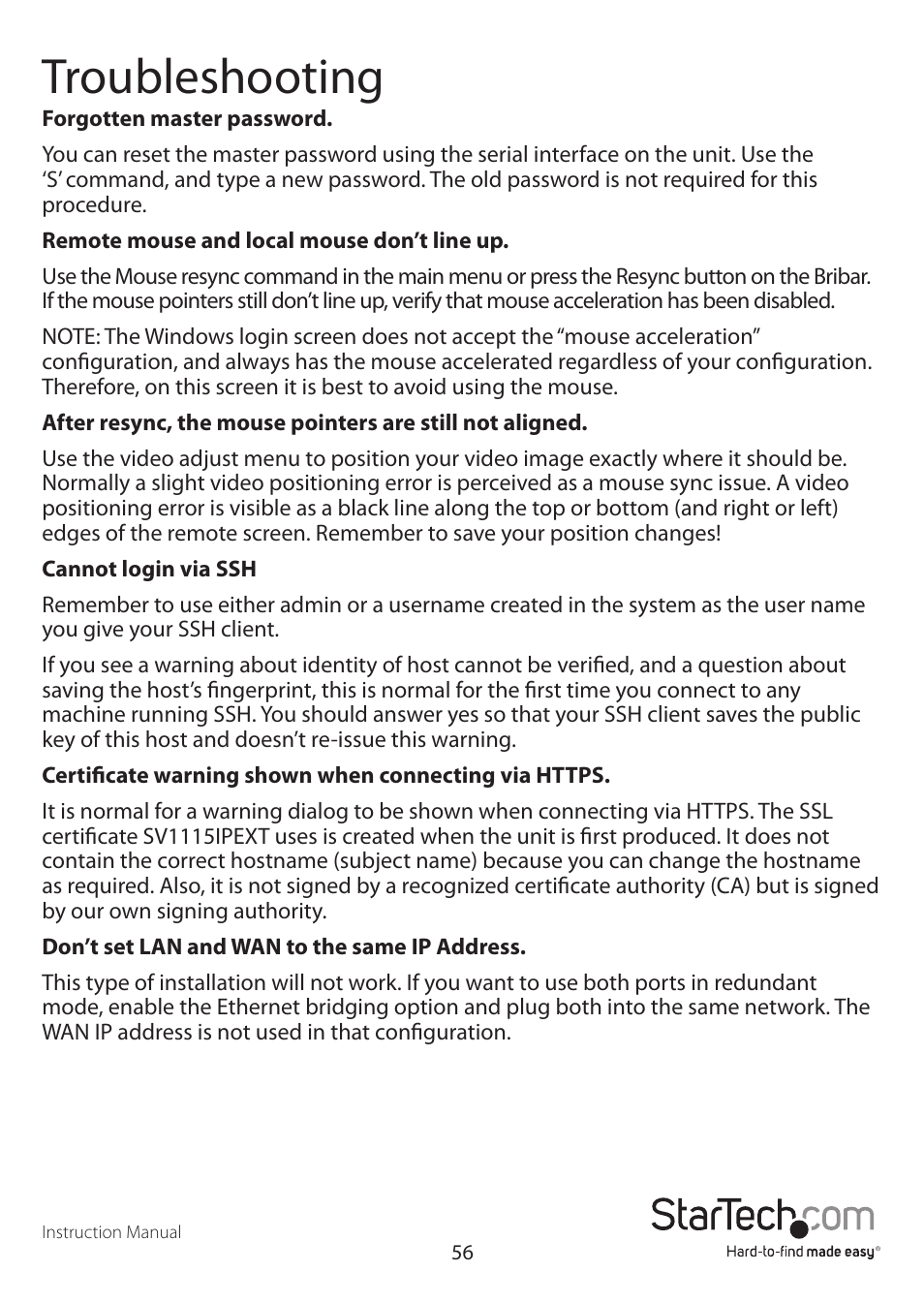 Troubleshooting | StarTech.com SV1115IPEXEU User Manual | Page 60 / 65