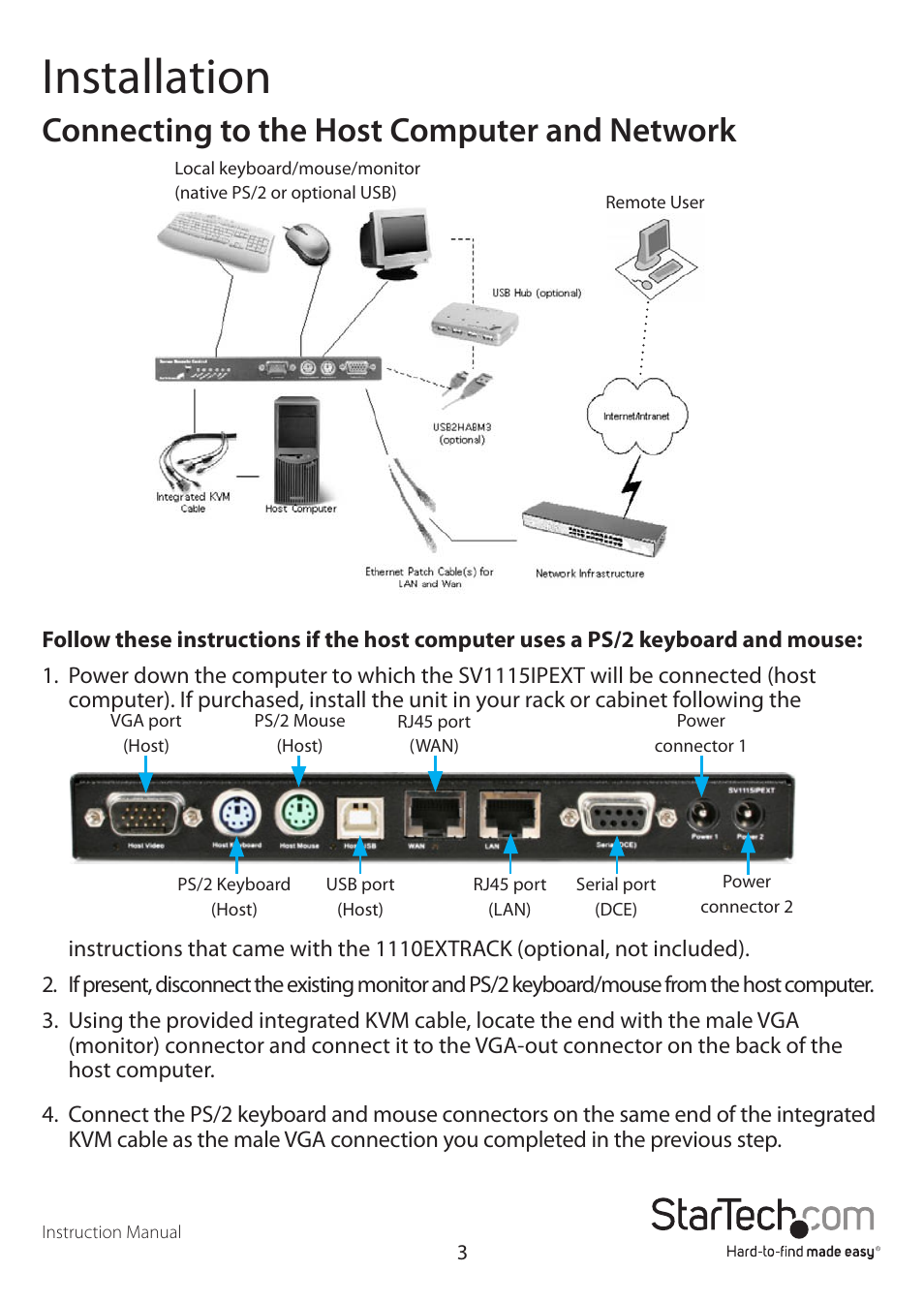 Installation, Connecting to the host computer and network | StarTech.com SV1115IPEXEU User Manual | Page 7 / 65