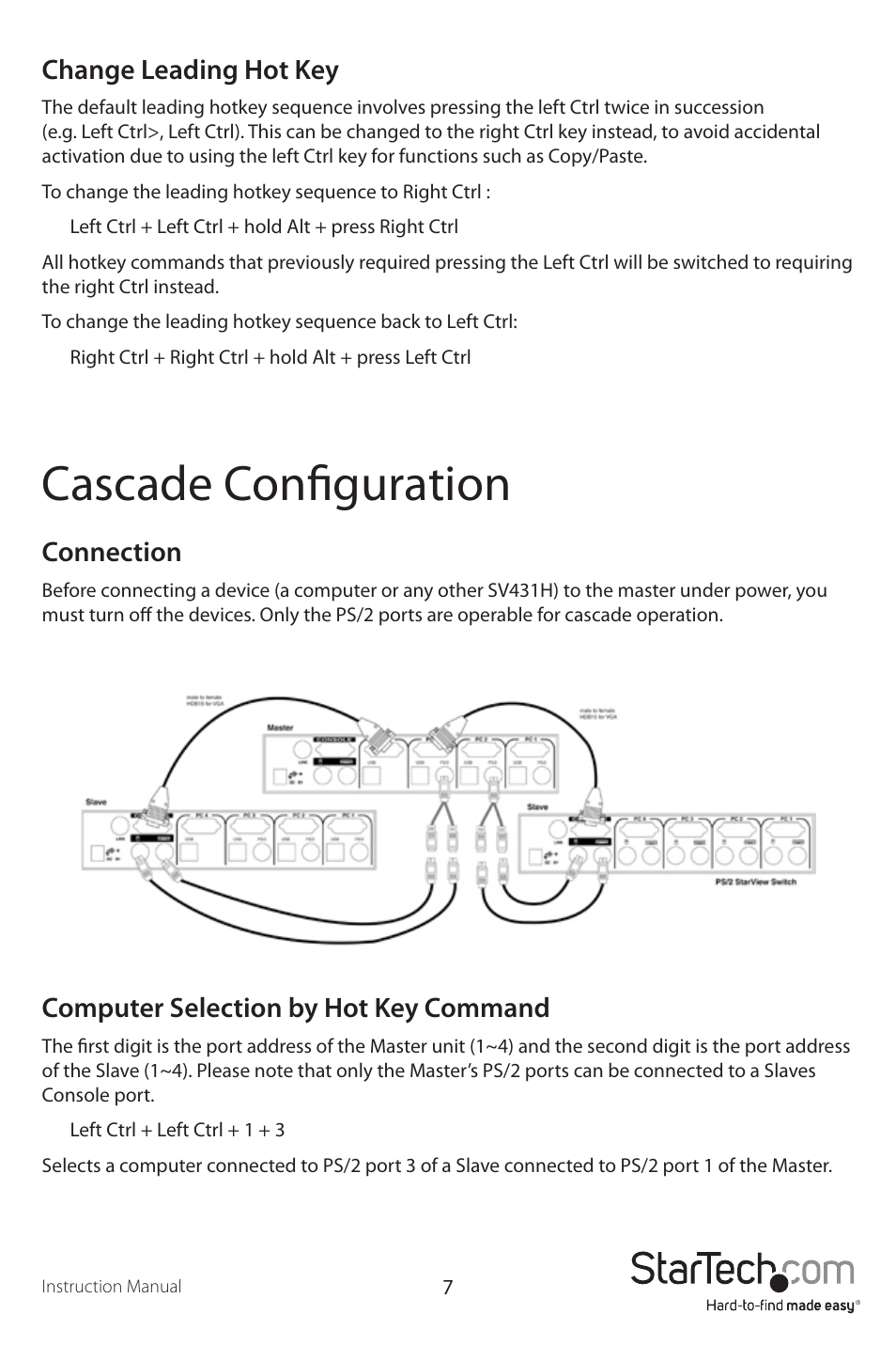 Cascade configuration, Connection, Computer selection by hot key command | Change leading hot key | StarTech.com SV431H User Manual | Page 10 / 14