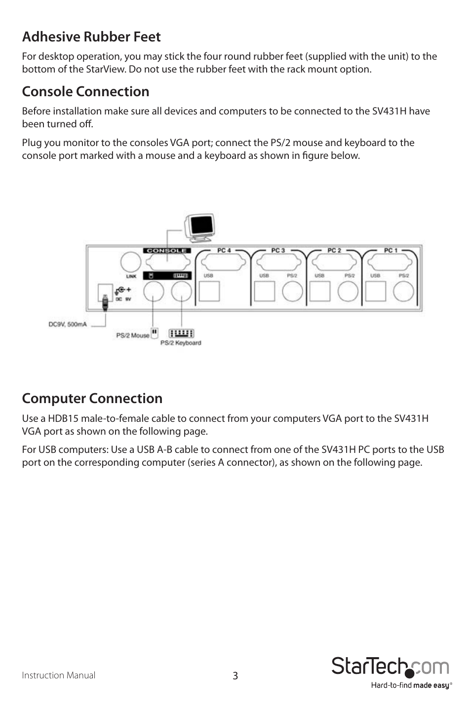 Adhesive rubber feet, Console connection, Computer connection | StarTech.com SV431H User Manual | Page 6 / 14