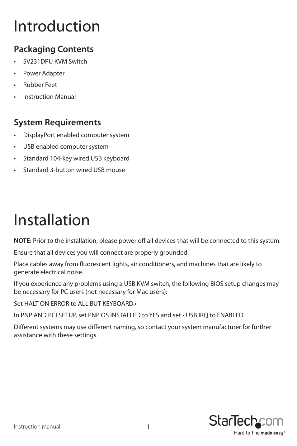 Introduction, Installation | StarTech.com SV231DPU User Manual | Page 4 / 13