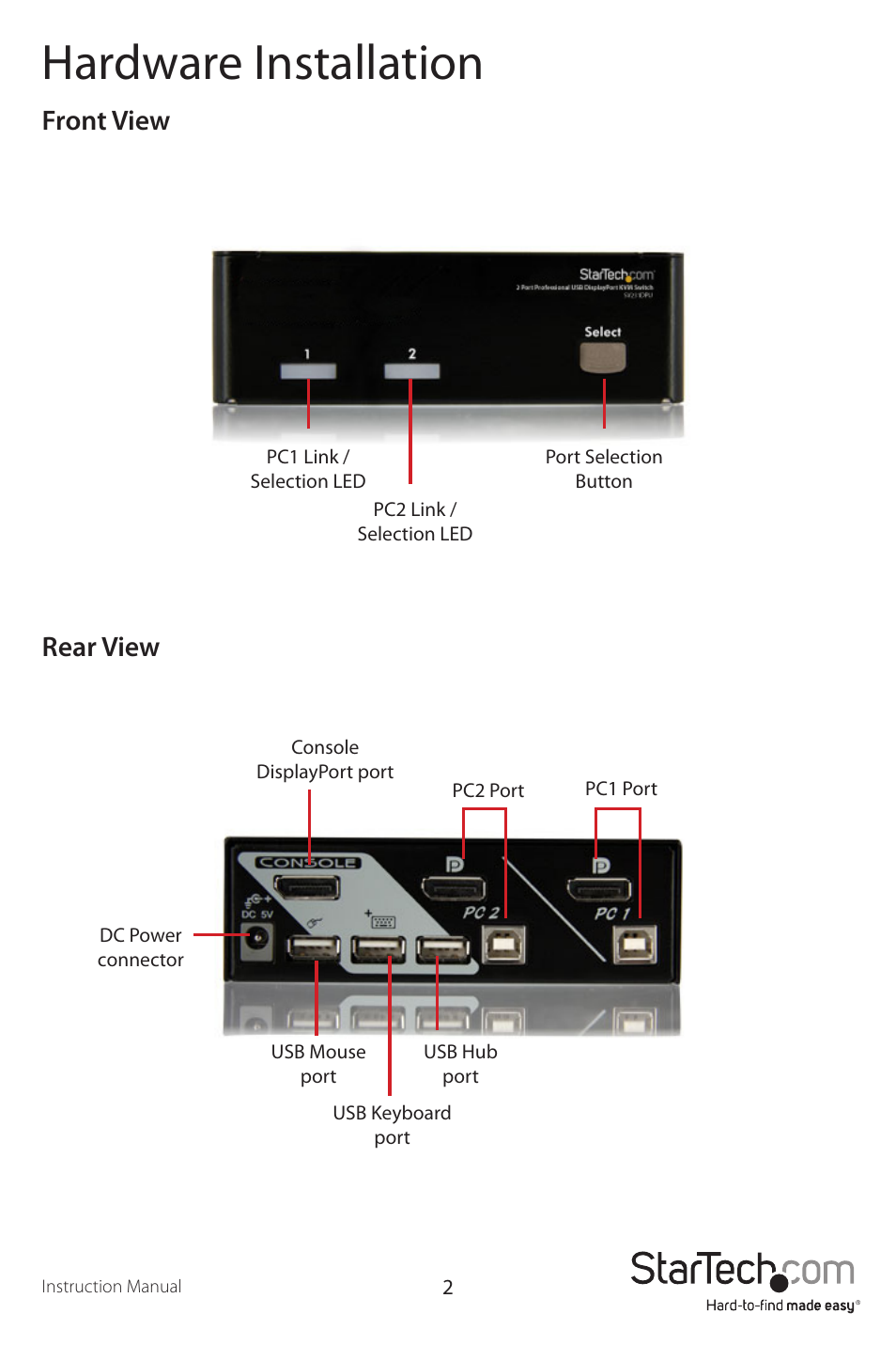 Hardware installation, Front view rear view | StarTech.com SV231DPU User Manual | Page 5 / 13