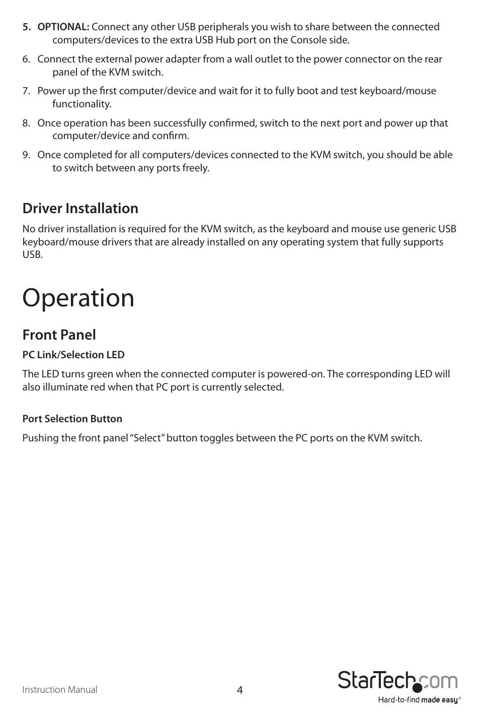 Operation, Driver installation, Front panel | StarTech.com SV231DPU User Manual | Page 7 / 13