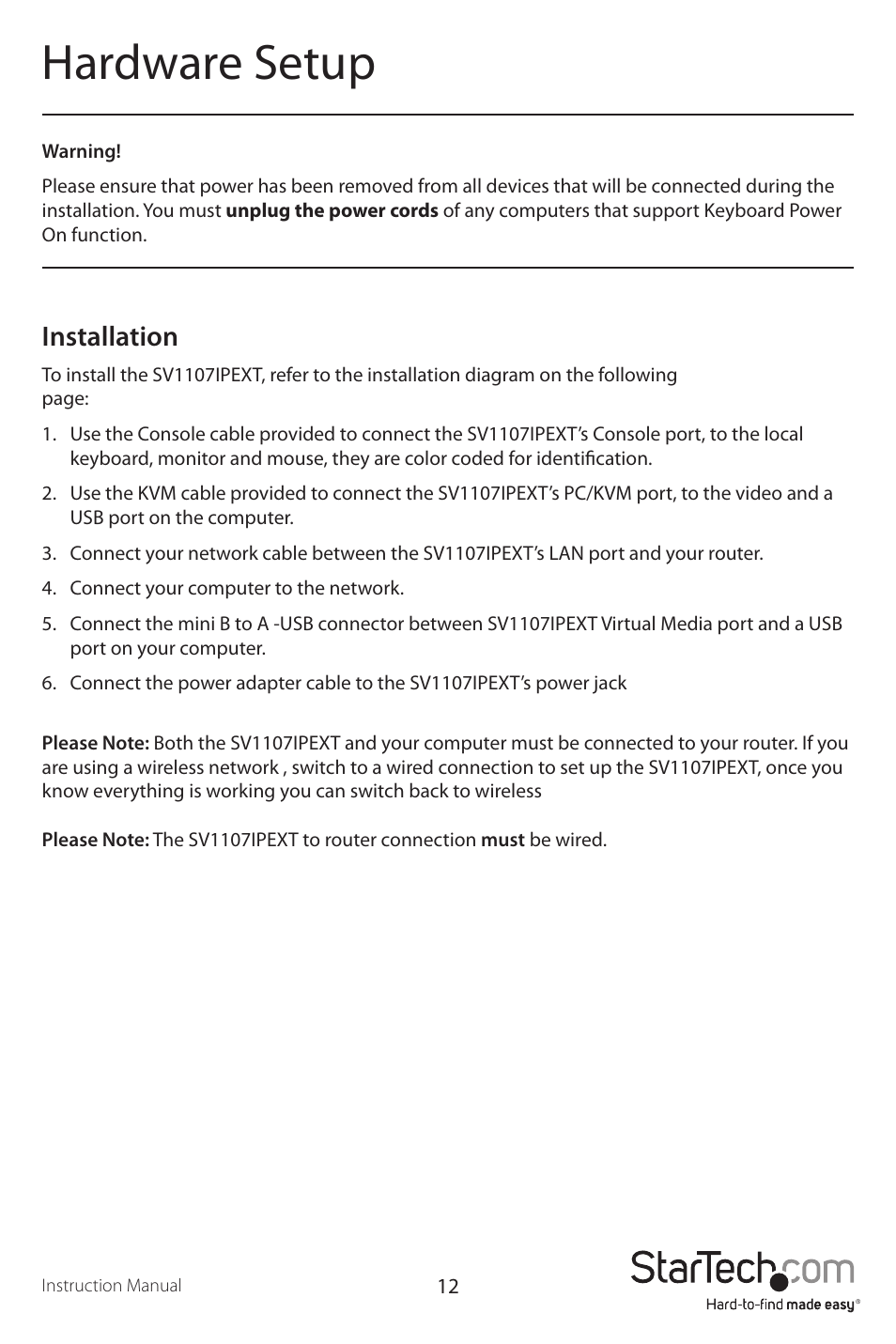 Hardware setup, Installation | StarTech.com SV1107IPEXT User Manual | Page 16 / 51