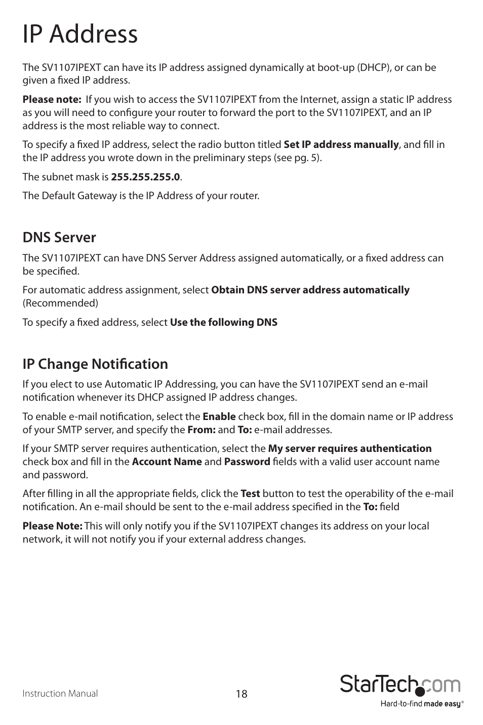 Ip address, Dns server, Ip change notification | StarTech.com SV1107IPEXT User Manual | Page 22 / 51