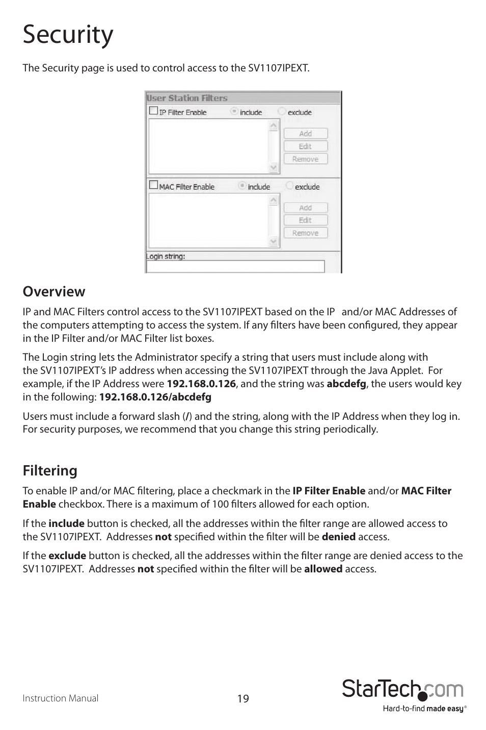 Security, Overview, Filtering | StarTech.com SV1107IPEXT User Manual | Page 23 / 51