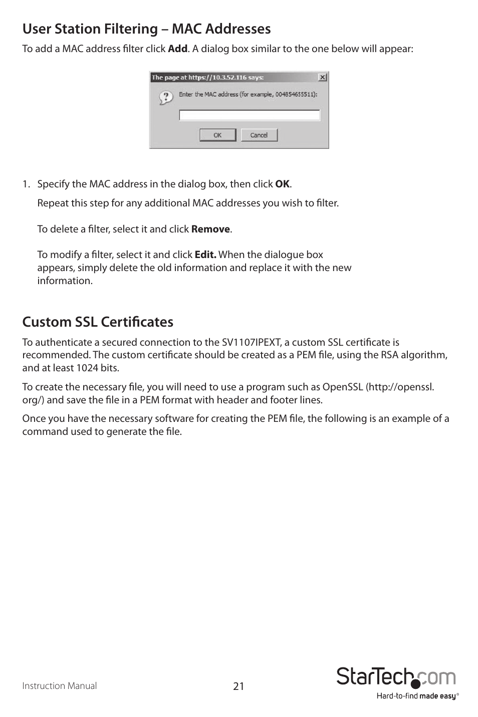 User station filtering – mac addresses, Custom ssl certificates | StarTech.com SV1107IPEXT User Manual | Page 25 / 51