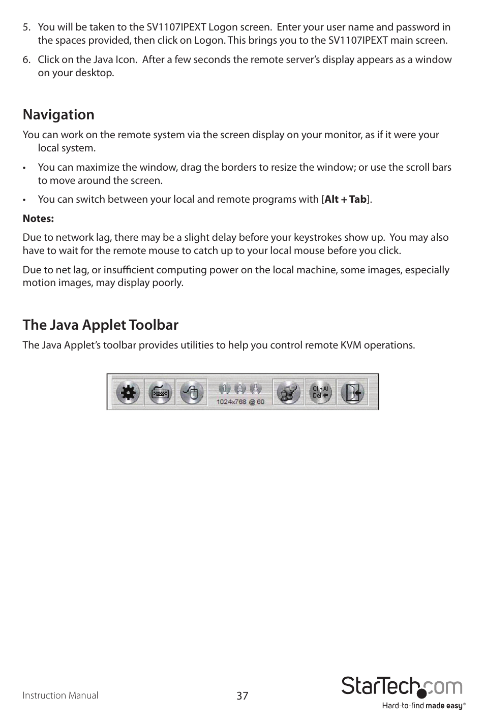 Navigation, The java applet toolbar | StarTech.com SV1107IPEXT User Manual | Page 41 / 51