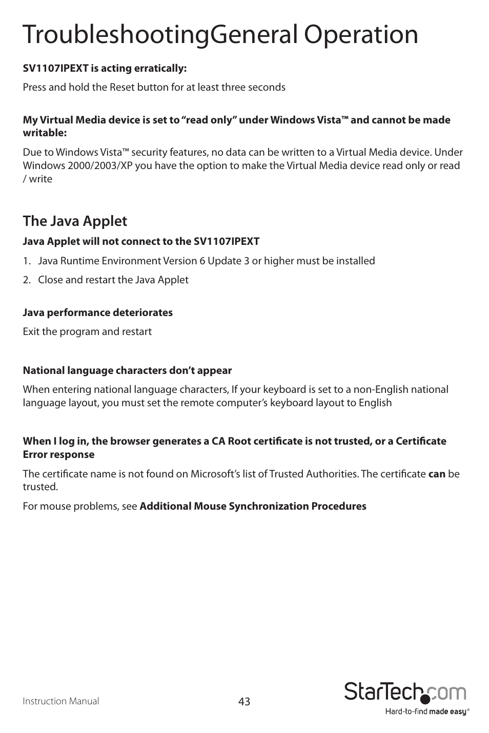 Troubleshootinggeneral operation, The java applet | StarTech.com SV1107IPEXT User Manual | Page 47 / 51
