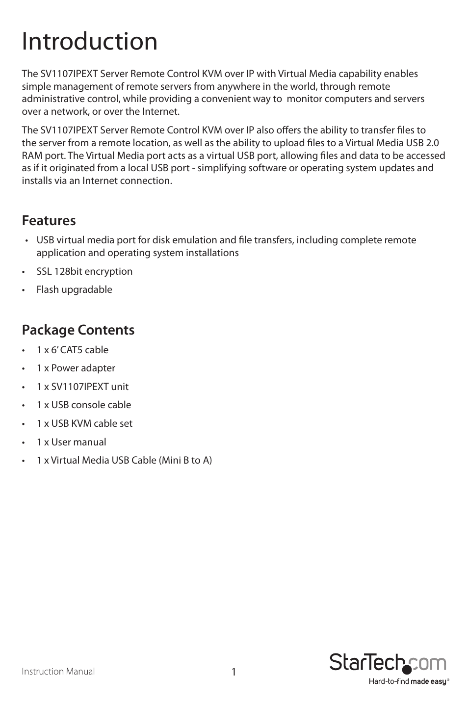 Introduction, Features, Package contents | StarTech.com SV1107IPEXT User Manual | Page 5 / 51
