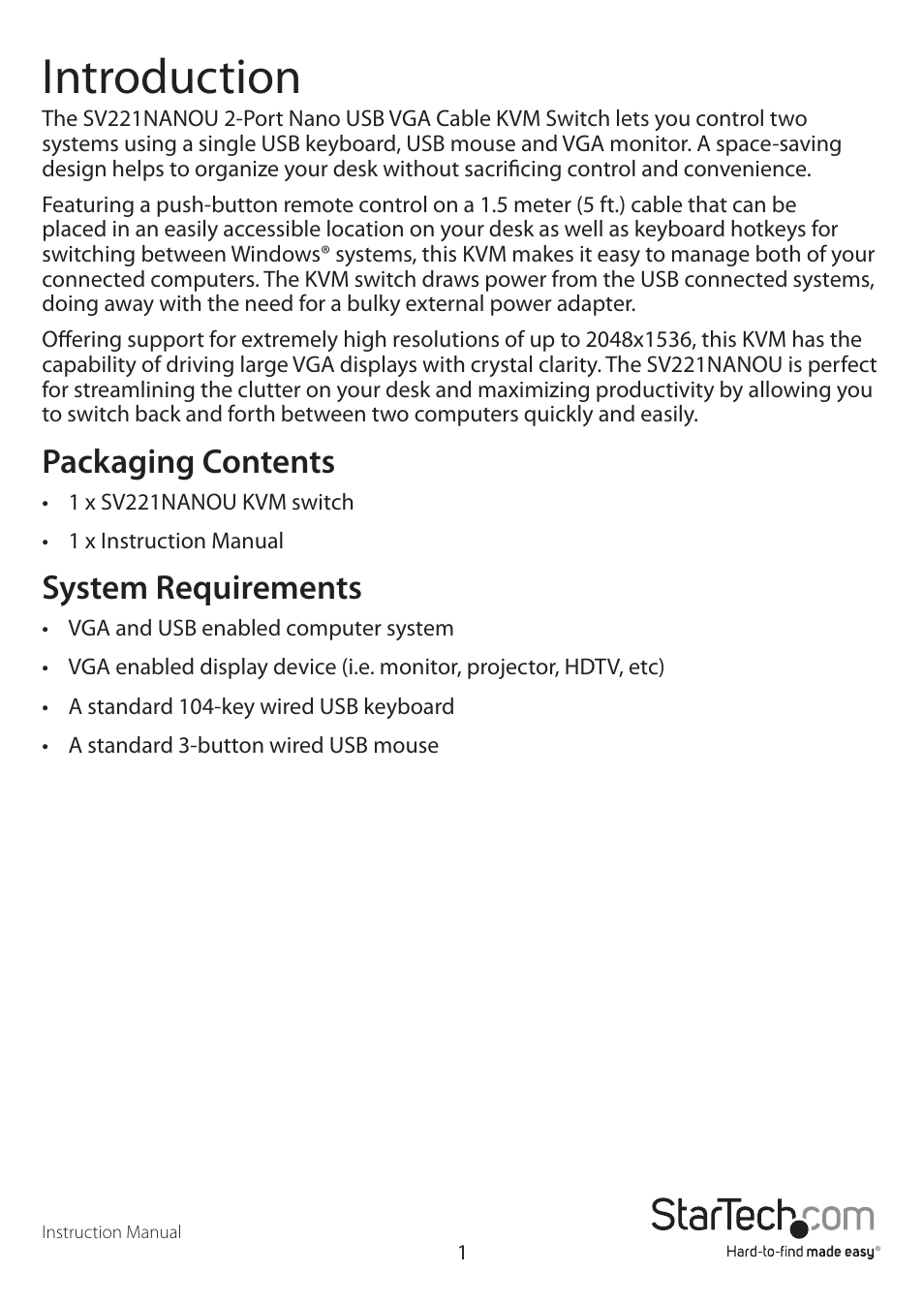 Introduction, Packaging contents, System requirements | StarTech.com SV221NANOU User Manual | Page 4 / 9
