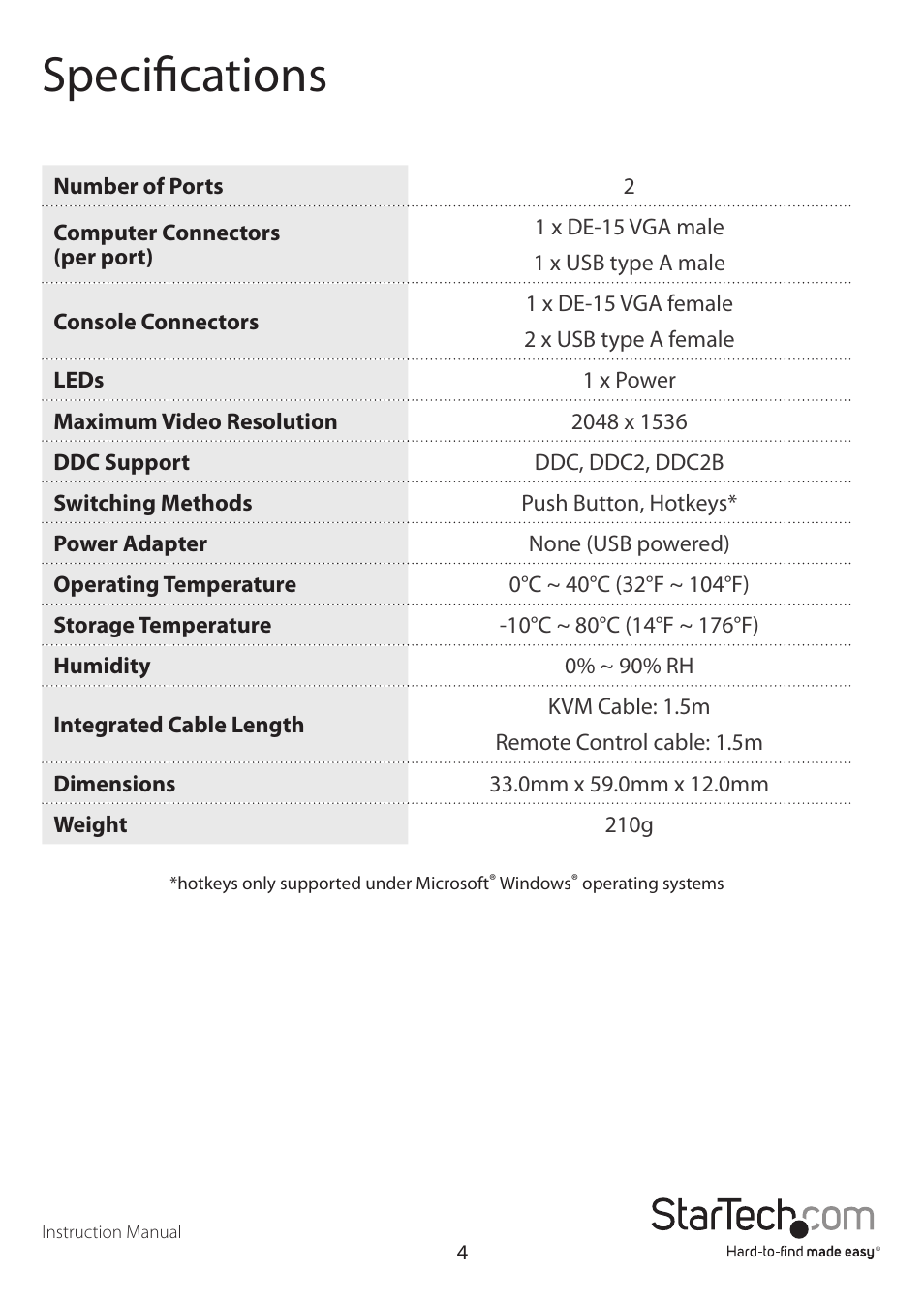 Specifications | StarTech.com SV221NANOU User Manual | Page 7 / 9