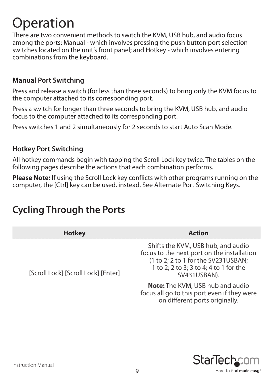 Operation, Cycling through the ports | StarTech.com SV431USBAN User Manual | Page 13 / 30