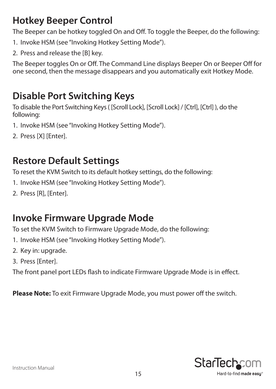 Hotkey beeper control, Disable port switching keys, Restore default settings | Invoke firmware upgrade mode | StarTech.com SV431USBAN User Manual | Page 19 / 30