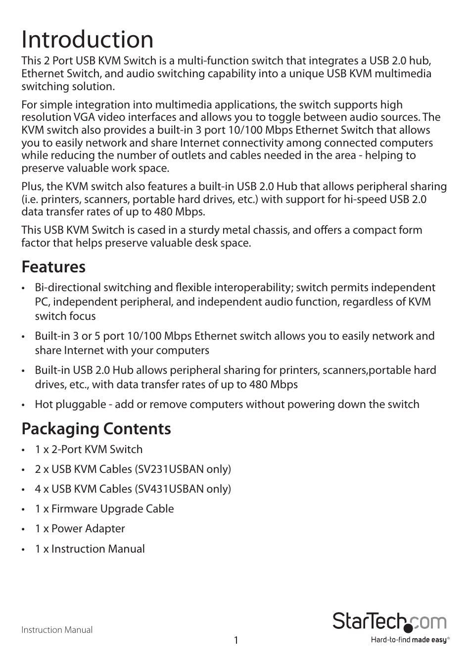 Introduction, Features, Packaging contents | StarTech.com SV431USBAN User Manual | Page 5 / 30