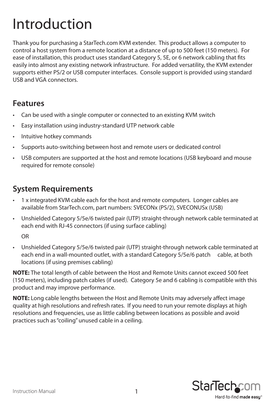 Introduction, Features, System requirements | StarTech.com SV565UTPUEU User Manual | Page 4 / 19