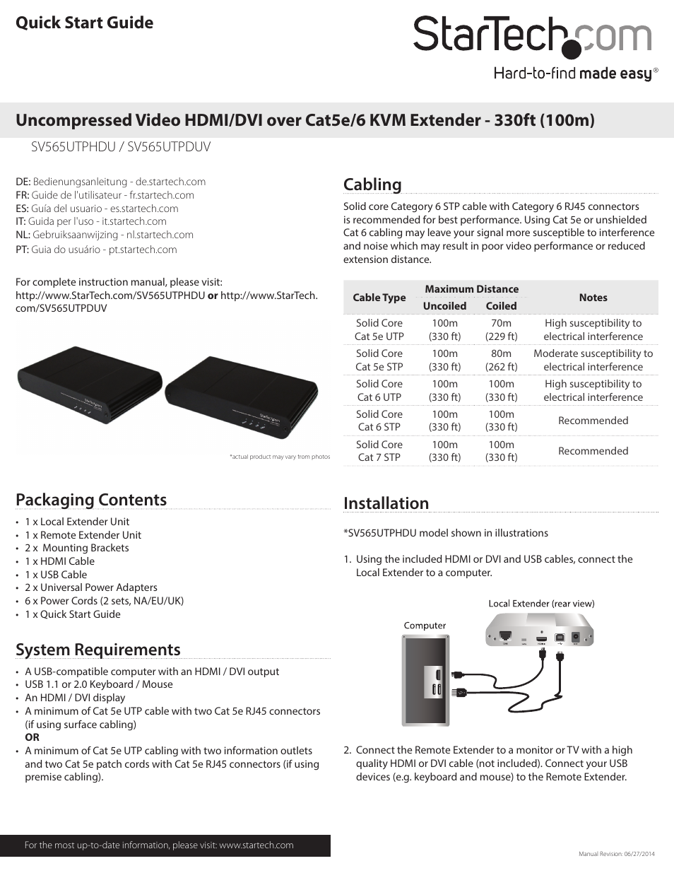 StarTech.com SV565UTPDUV Quick Start User Manual | 2 pages