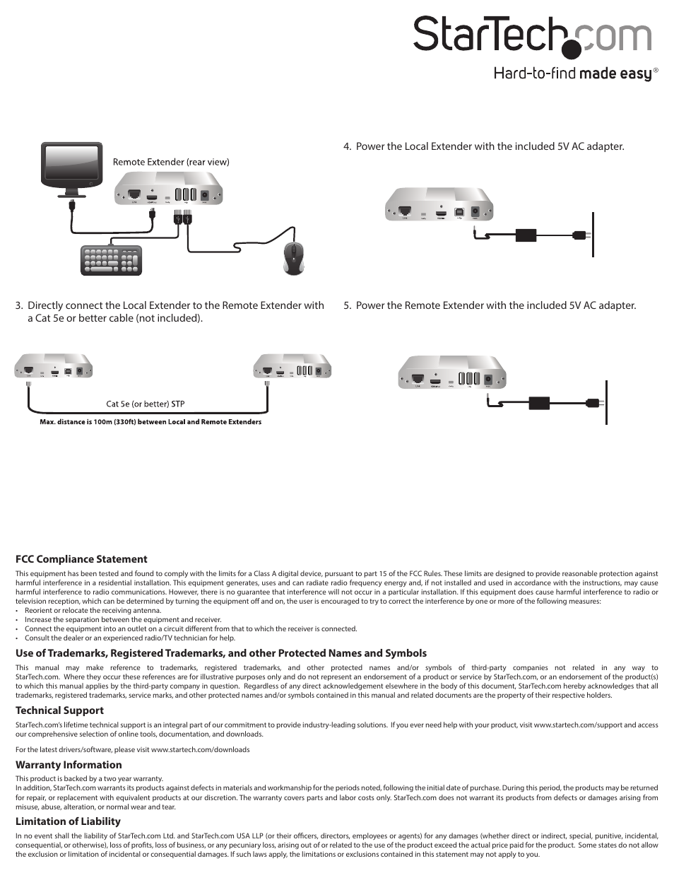 Technical support, Warranty information, Limitation of liability | Fcc compliance statement | StarTech.com SV565UTPDUV Quick Start User Manual | Page 2 / 2