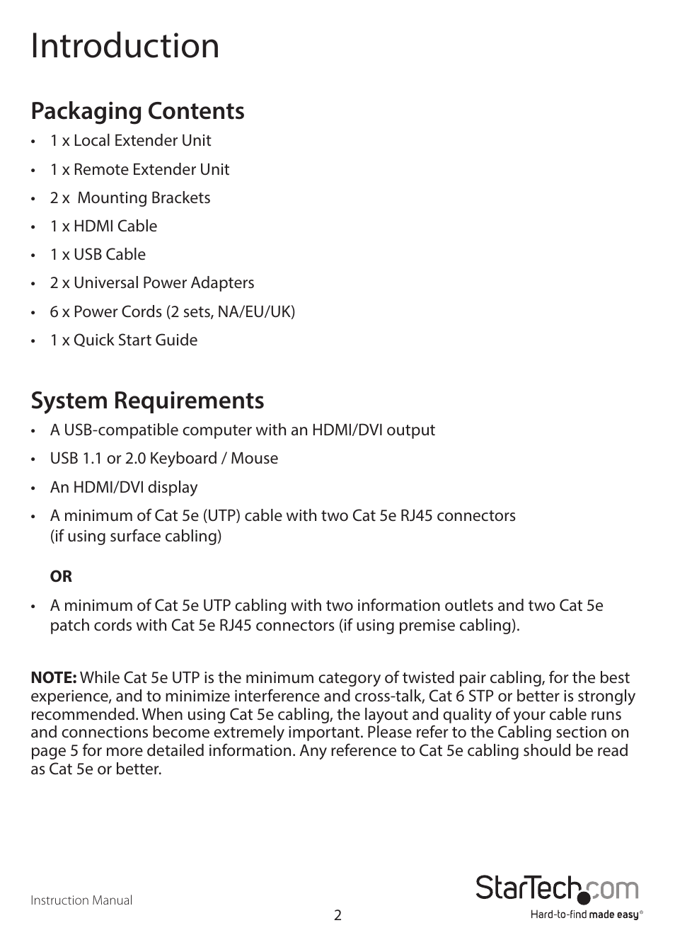 Introduction, Packaging contents, System requirements | StarTech.com SV565UTPDUV Manual User Manual | Page 4 / 17