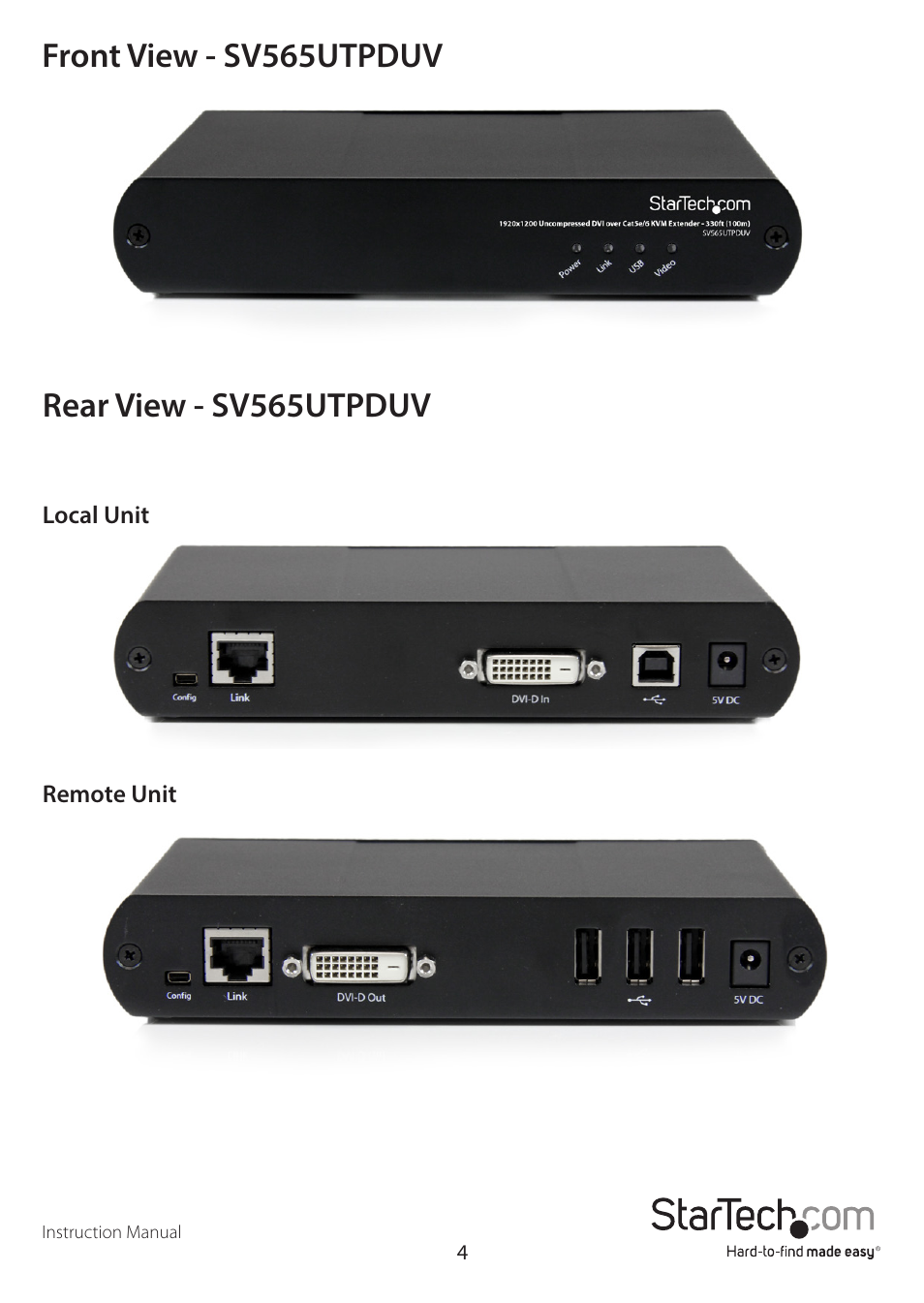 Rear view - sv565utpduv, Front view - sv565utpduv | StarTech.com SV565UTPDUV Manual User Manual | Page 6 / 17