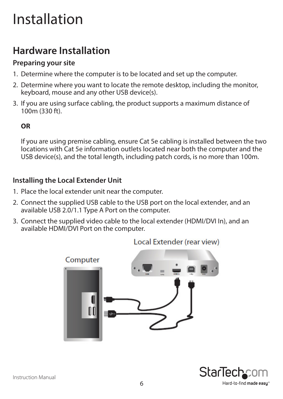 Installation, Hardware installation | StarTech.com SV565UTPDUV Manual User Manual | Page 8 / 17