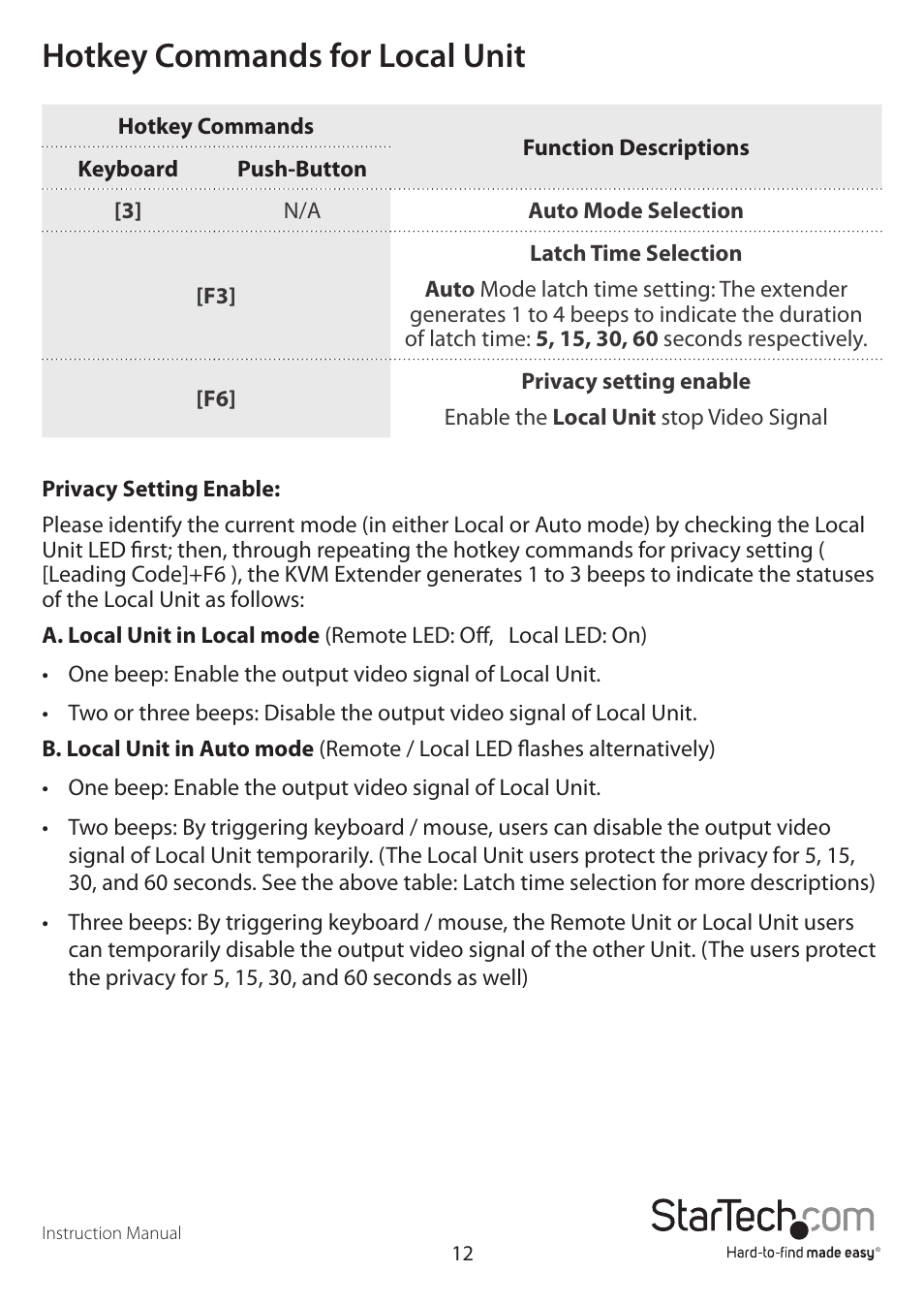Hotkey commands for local unit | StarTech.com SV565DUTPU User Manual | Page 15 / 23