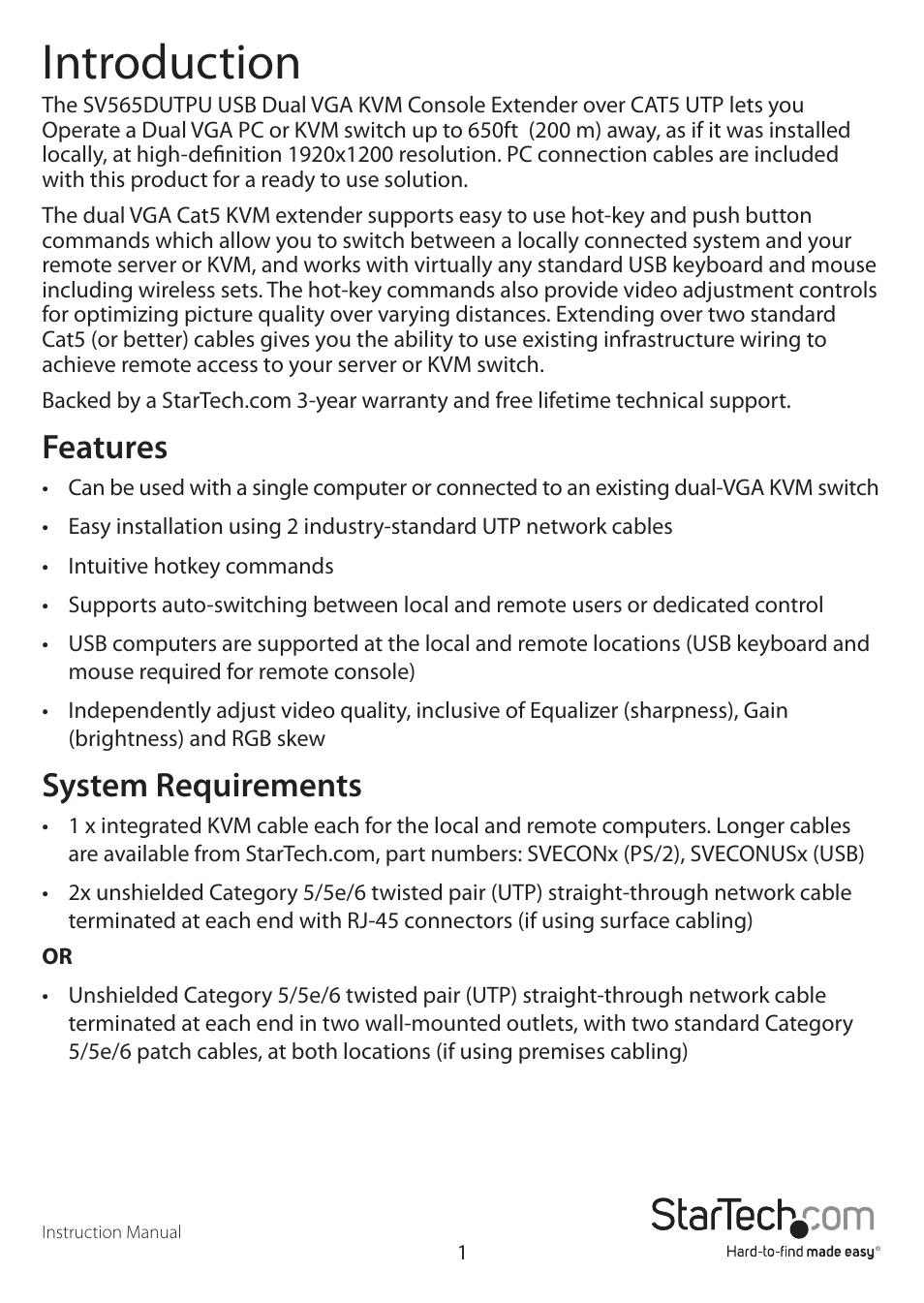 Introduction, Features, System requirements | StarTech.com SV565DUTPU User Manual | Page 4 / 23