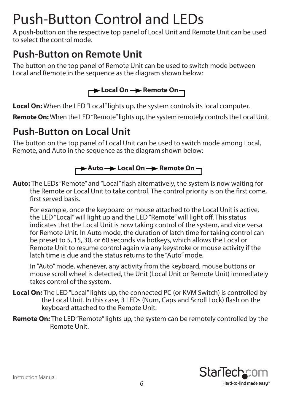 Push-button control and leds, Push-button on remote unit, Push-button on local unit | StarTech.com SV565DUTPU User Manual | Page 9 / 23