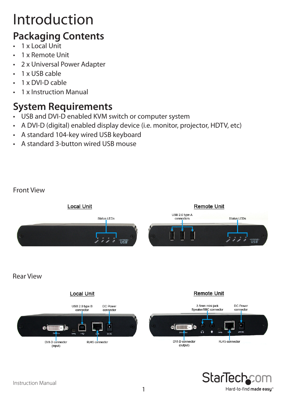 Introduction, Packaging contents, System requirements | StarTech.com SV565UTPDUA User Manual | Page 4 / 12