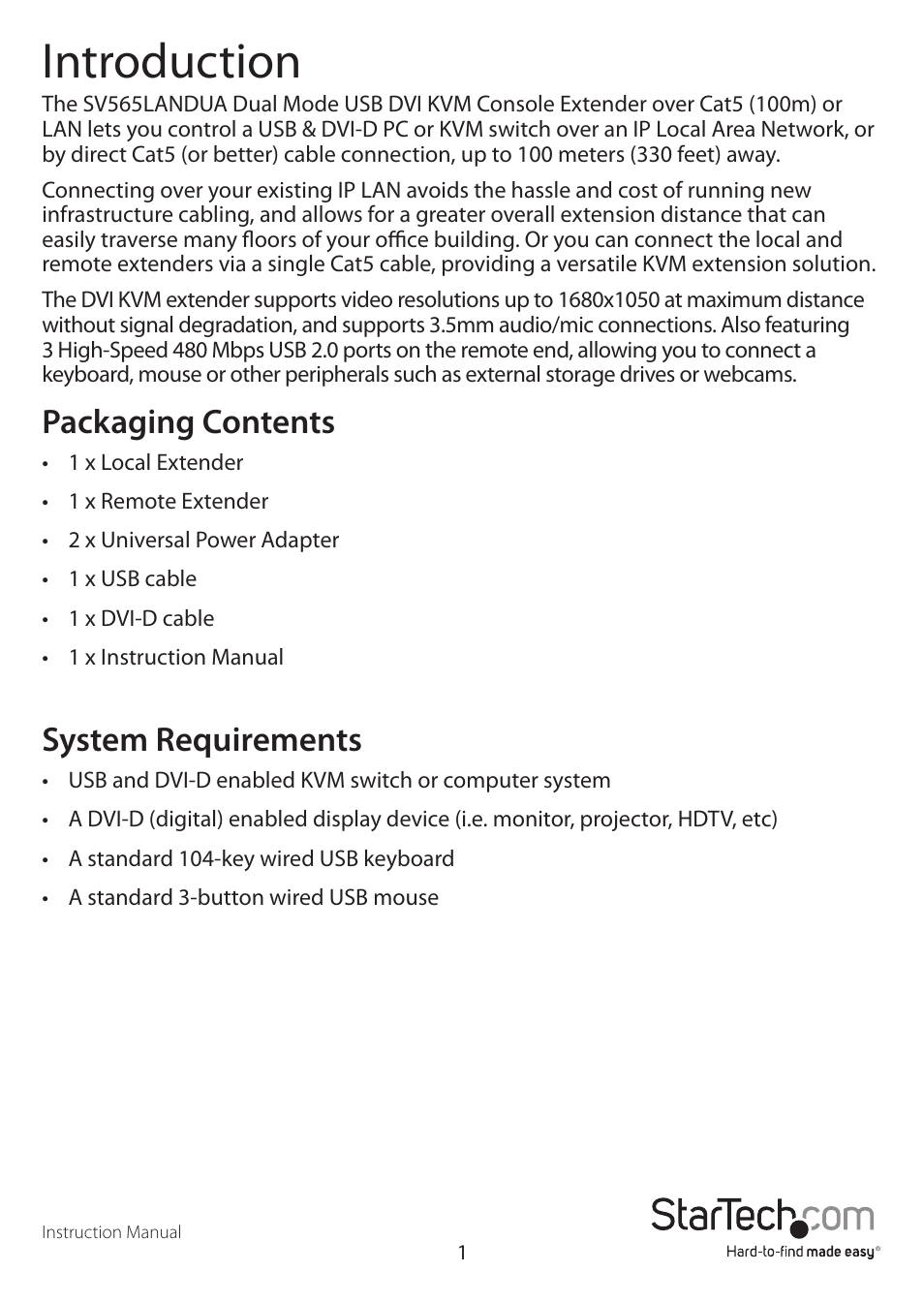 Introduction, Packaging contents, System requirements | StarTech.com SV565LANDUA User Manual | Page 4 / 19