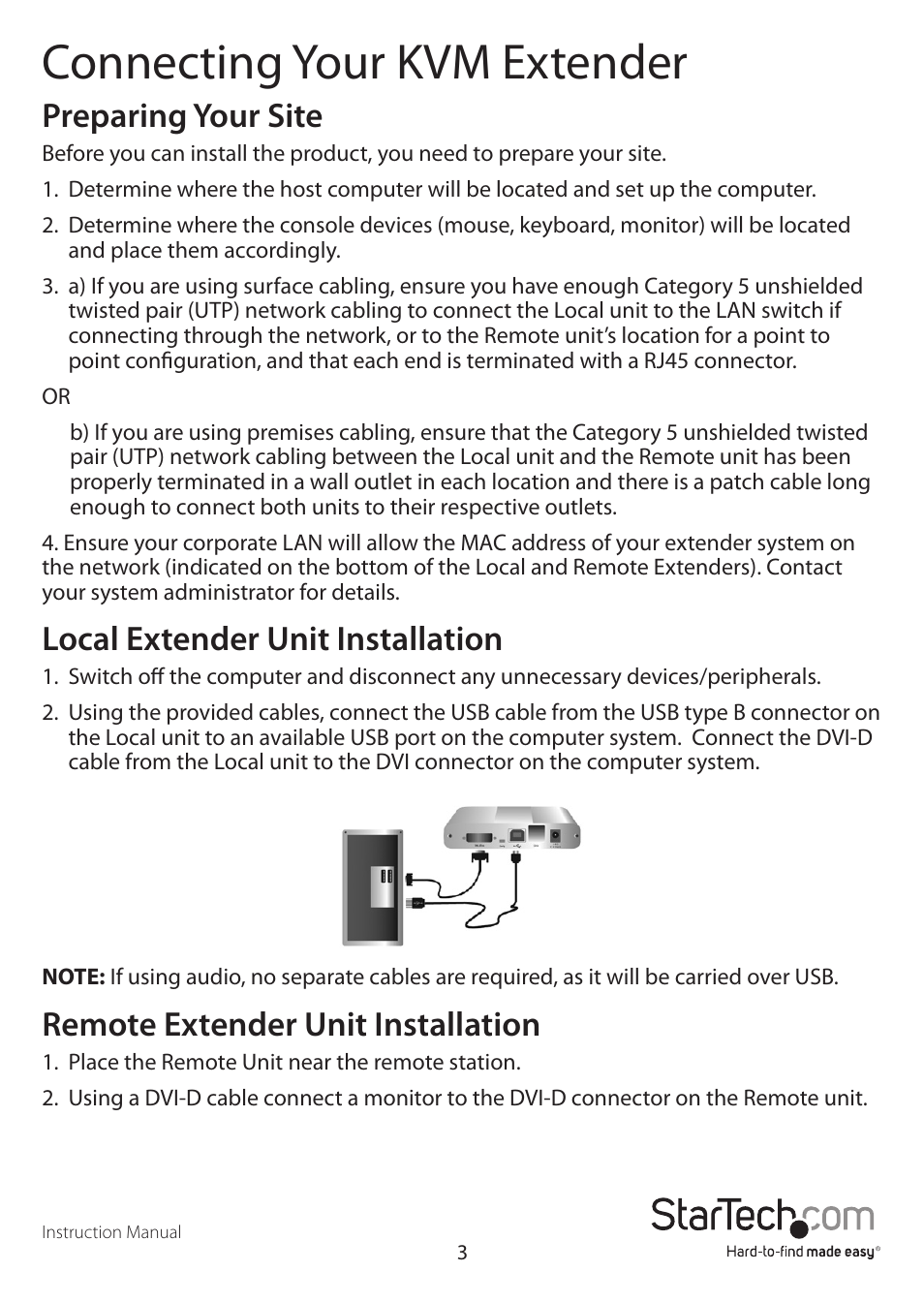 Connecting your kvm extender, Preparing your site, Local extender unit installation | Remote extender unit installation | StarTech.com SV565LANDUA User Manual | Page 6 / 19