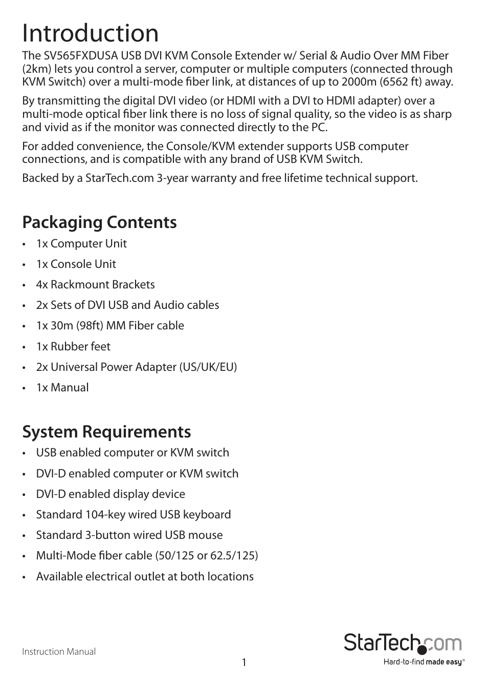 Introduction, Packaging contents, System requirements | StarTech.com SV565FXDUSA User Manual | Page 4 / 21