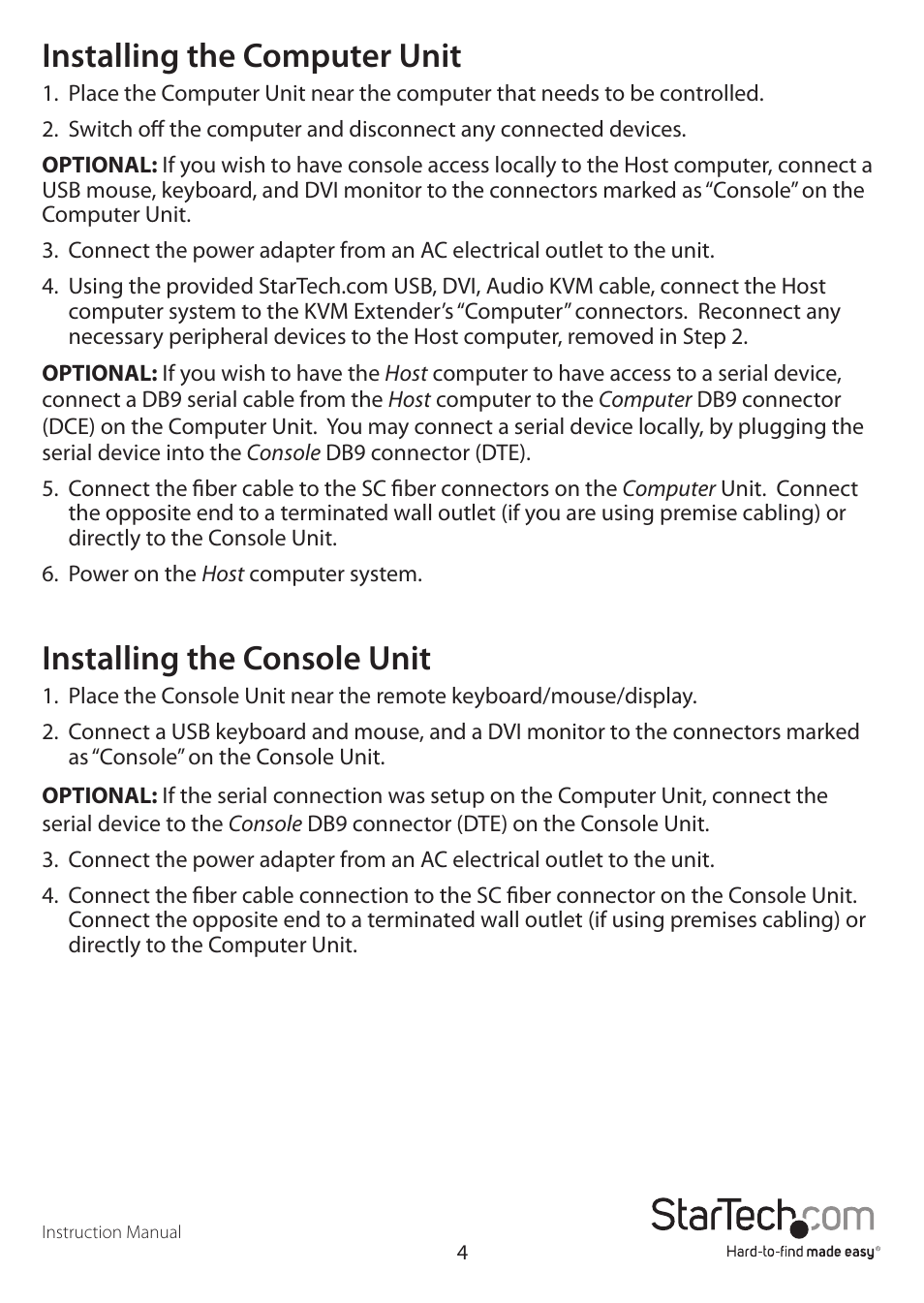 Installing the computer unit, Installing the console unit | StarTech.com SV565FXDUSA User Manual | Page 7 / 21