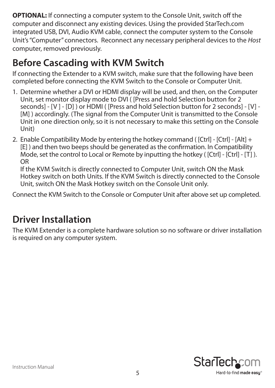 Before cascading with kvm switch, Driver installation | StarTech.com SV565FXDUSA User Manual | Page 8 / 21