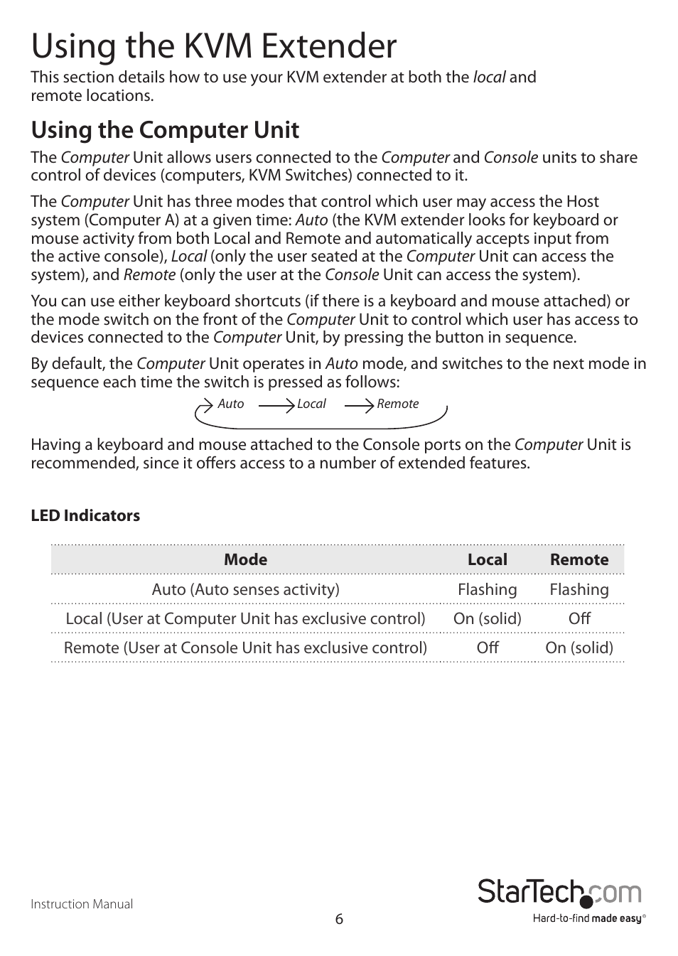 Using the kvm extender, Using the computer unit | StarTech.com SV565FXDUSA User Manual | Page 9 / 21