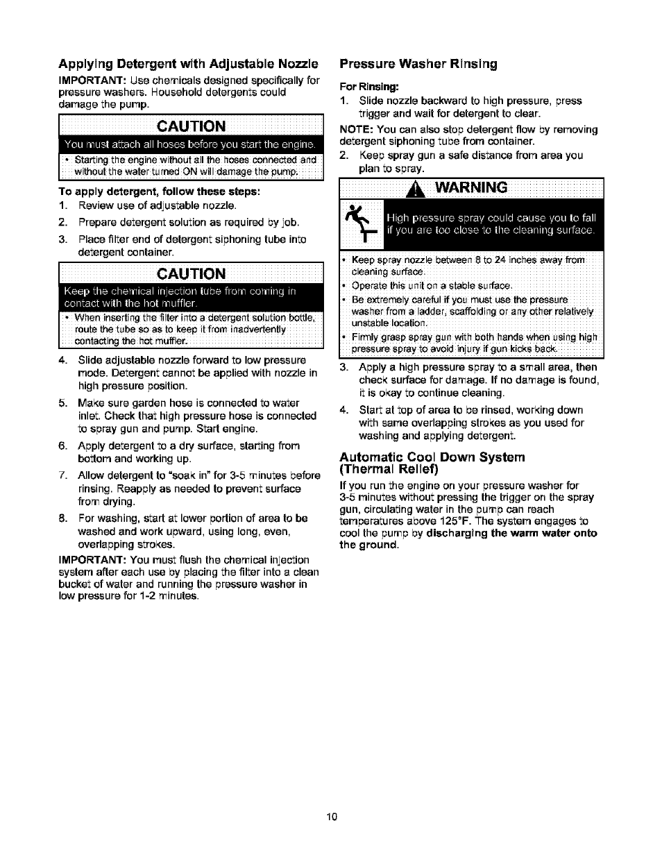 Caution, Automatic cool down system (thermal relief, Applying detergent vinth adjustable nozzle | Pressure washer rinsing | Craftsman 580.752000 User Manual | Page 10 / 40