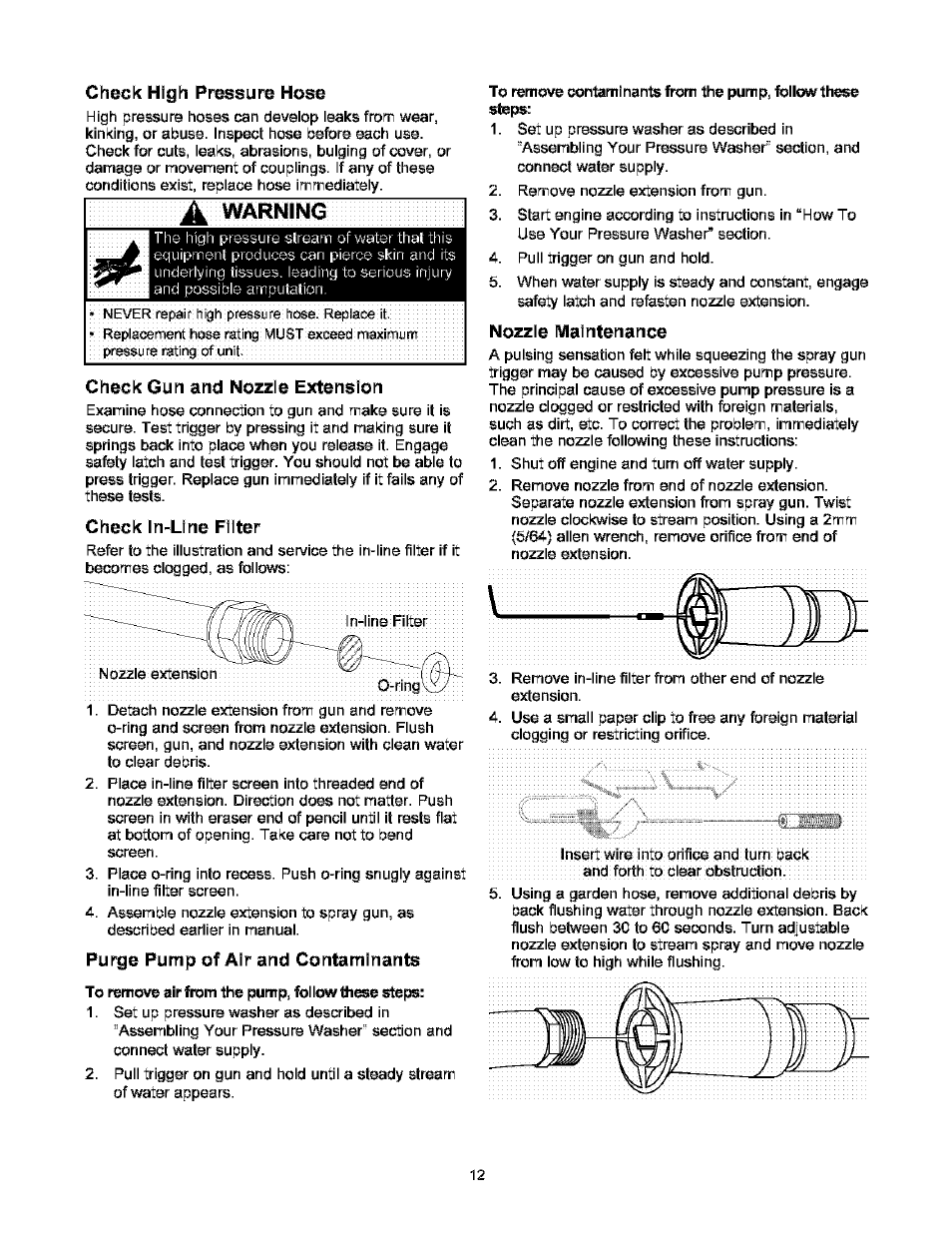 Check high pressure hose, Check gun and nozzle extension, Check in-line filter | Nozzle maintenance, Purge pump of air and contaminants, Vmrnino | Craftsman 580.752000 User Manual | Page 12 / 40