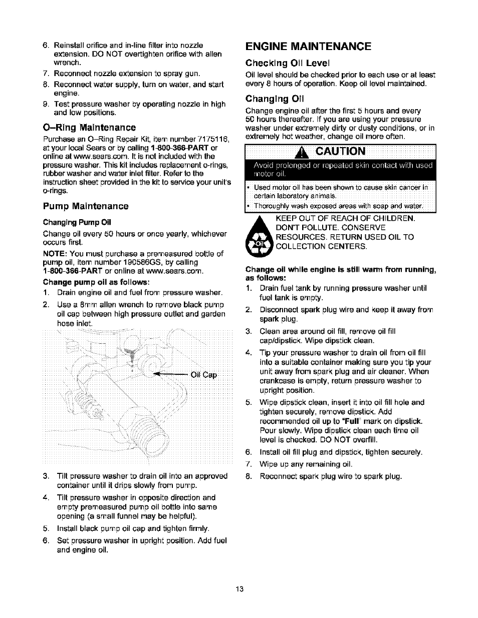 Ring iviaintenance, Pump iviaintenance, Engine iviaintenance | Checking oil level, Changing oil, Caution | Craftsman 580.752000 User Manual | Page 13 / 40