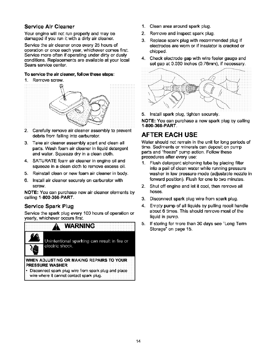 Service air cleaner, Service spark plug, Rning | After each use | Craftsman 580.752000 User Manual | Page 14 / 40