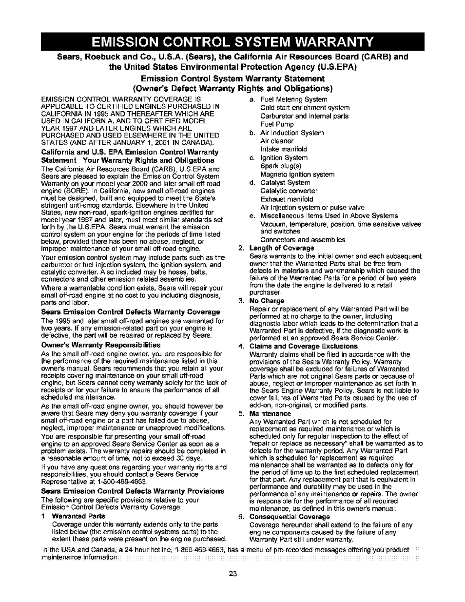 Emission control system warranty | Craftsman 580.752000 User Manual | Page 23 / 40