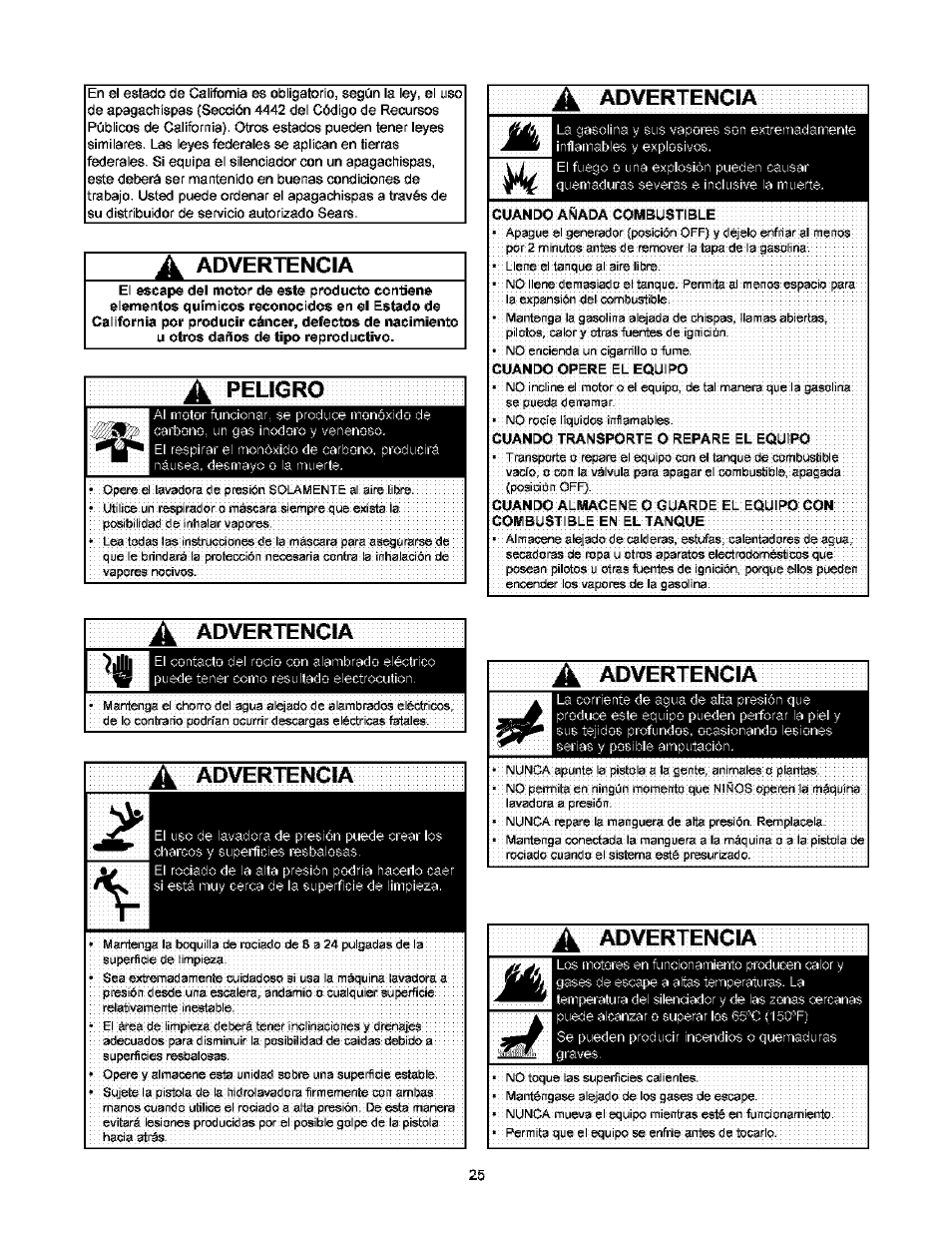 A advertencia, Advertencia, Ü! advertencia í | Ü! advertencia, A advertengía, Advertengía | Craftsman 580.752000 User Manual | Page 25 / 40