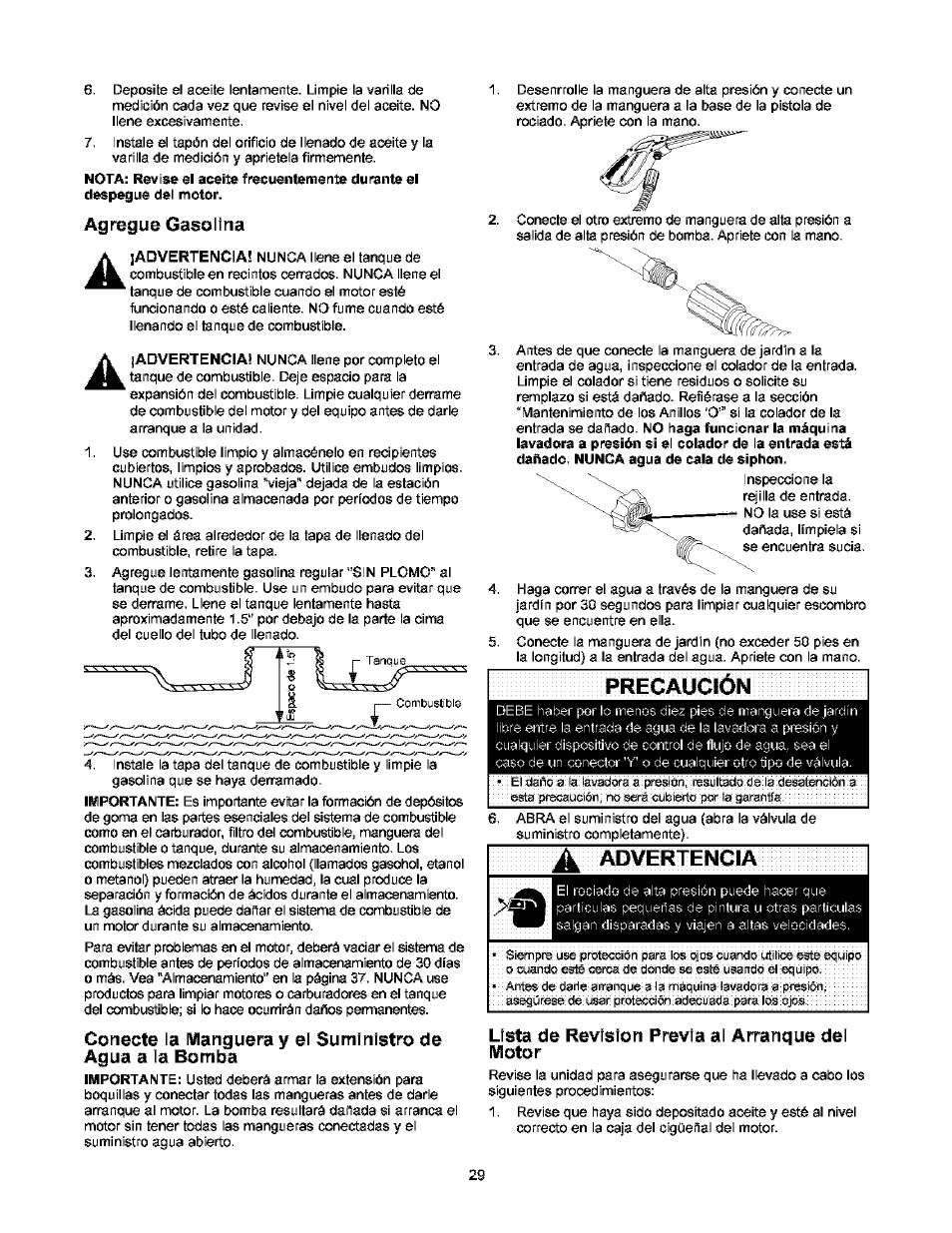 Agregue gasolina, Precaución, Д advertencia | Lista de revision previa al arranque del motor | Craftsman 580.752000 User Manual | Page 29 / 40