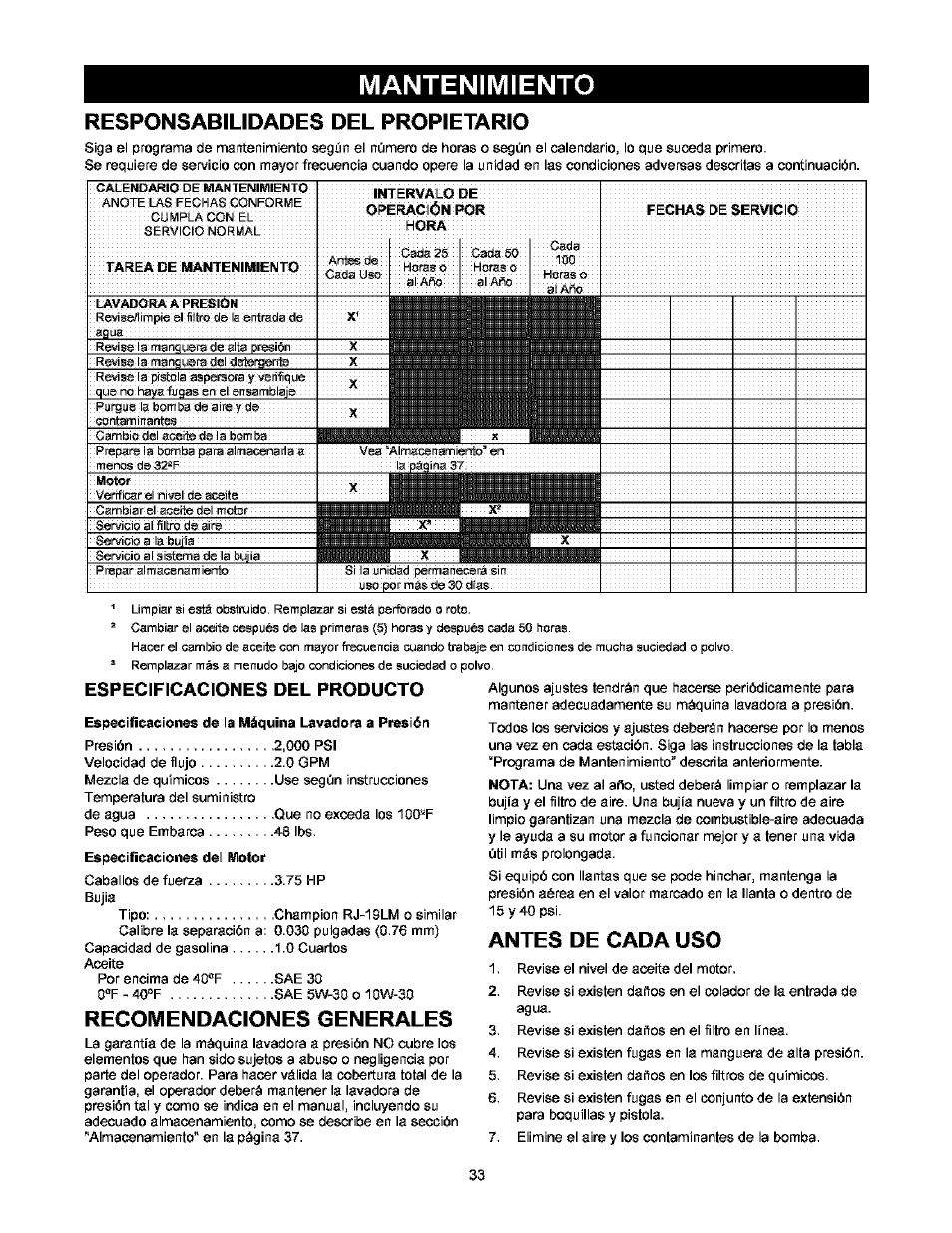 Mantenimiento, Responsabilidades del propietario, Especificaciones del producto | Recomendaciones generales, Antes de cada uso, Mantenimiento -36 | Craftsman 580.752000 User Manual | Page 33 / 40